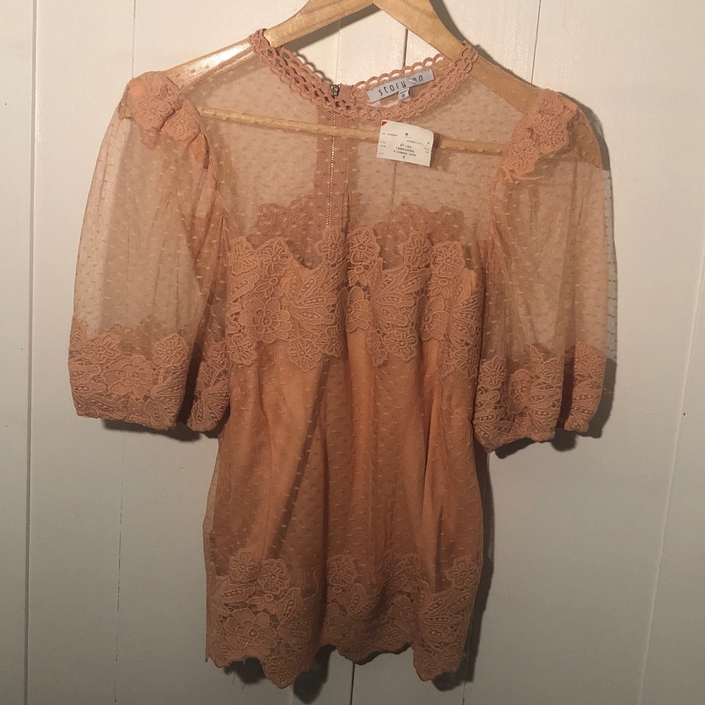 Elegant Lace Overlay blouse zippered back feminine tangerine color bohemian boho